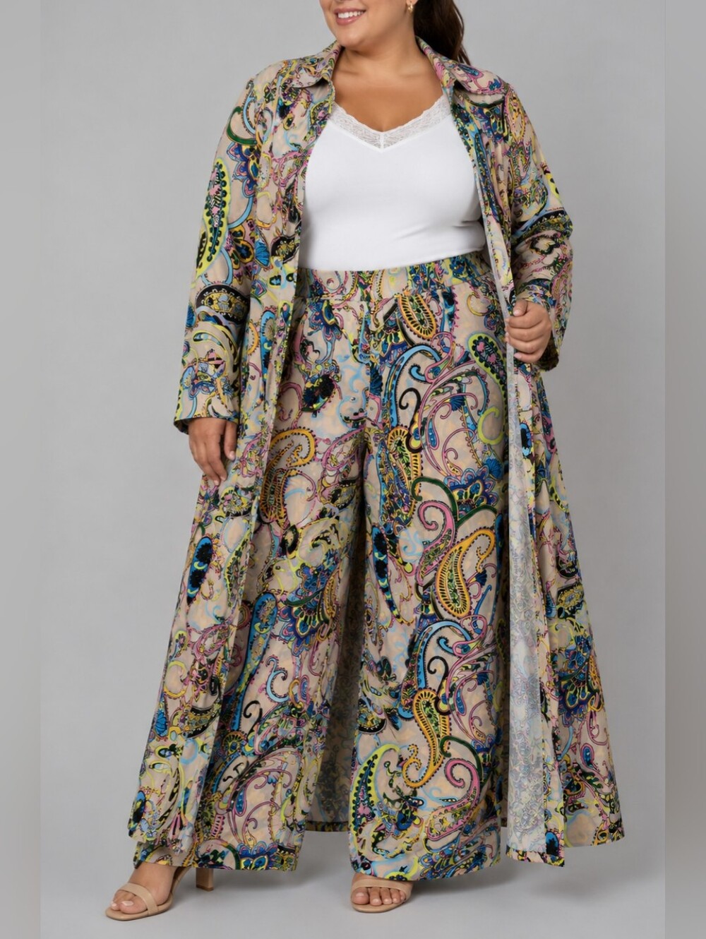 Nina Parker Paisley 2-Piece Matching Set Duster & Wide Leg Pants Women Size 1X
